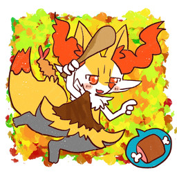 ambiguous_anthro ambiguous_gender anthro biped clothed clothed_ambiguous clothed_anthro clothing club_(weapon) dipstick_tail food front_view holding_club holding_melee_weapon holding_object holding_weapon markings meat melee_weapon object_in_tail on_one_leg open_:3 shrimp_(food) solo speech_bubble standing tail tail_markings weapon annyui0611 mythology nintendo pokemon braixen canid generation_6_pokemon mammal pokemon_(species) 1:1 2022 digital_drawing_(artwork) digital_media_(artwork) full-length_portrait hi_res japanese_description pictographics portrait translated_description