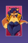 anthro bent_over big_breasts blue_clothing blue_hair breasts cleavage clothed clothing curvy_figure female fur hair looking_at_viewer orange_body orange_fur simple_background smile solo tail thick_thighs tongue voluptuous wide_hips yellow_body yellow_clothing yellow_fur peabert_jaybert sly_cooper_(series) sony_corporation sony_interactive_entertainment sucker_punch_productions carmelita_fox canid canine fox mammal 2025 absurd_res digital_media_(artwork) hi_res signature