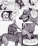 animal_genitalia canid canine canis comic coop_(wrng) dialogue digitigrade english_text female feral fully_sheathed genitals greyscale group lord_darcia_iii male mammal monochrome natsume_(wrng) natsumewolf oz_(wrng) profanity quadruped rikku sheath tail text wolf wolf's_rain wolf's_rain_next_generation