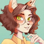 anthro brown_hair curls eyebrows eyewear female glasses hair nails sharp_nails smile solo yellow_eyes persamona fan_character domestic_cat felid feline felis mammal 1:1 low_res