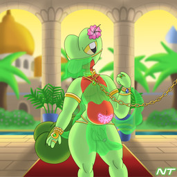 2_tails anthro anthrofied armlet backlighting belly belly_dancer belly_dancer_outfit bottomwear bracelet carpet clothing collar face_veil femboy genitals gold_(metal) gold_bracelet gold_collar gold_jewelry gold_leash green_body half-closed_eyes harem_boy harem_jewelry harem_outfit harem_veil head_flower humanoid_genitalia humanoid_penis ineffective_clothing jewelry leash leashed_collar light loincloth male metal_collar middle_eastern_architecture middle_eastern_clothing multi_tail narrowed_eyes palace palm_tree penis pillar plant pokemorph red_belly ring silk silk_clothing solo tail translucent translucent_clothing tree veil yellow_eyes ninjatreecko nintendo pokemon fan_character fern_shinamori generation_3_pokemon pokemon_(species) reptile scalie treecko 1:1 hi_res lighting