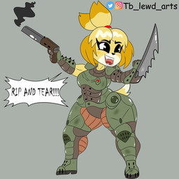 anthro armor black_eyes female gun knife ranged_weapon solo tail text weapon yellow_body tibbs animal_crossing doom_(series) id_software microsoft nintendo isabelle_(animal_crossing) canid canine canis domestic_dog mammal toy_dog 1:1 english_text hi_res