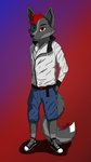 anthro belt blue_background bottomwear clothing fluffy fluffy_tail footwear fur grey_body grey_fur hair heterochromia male red_background red_hair shoes shorts simple_background sneakers solo tail darkholm1 dark_(darkholm1) canid canine mammal hi_res