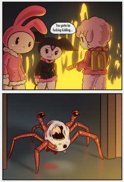 5_legs ambiguous_gender anthro body_horror bone border bottomless bottomless_female bow_ribbon butt clothed clothing eyestalks female fire flamethrower fur glowing grey_border grotesque group hoodie horror_(theme) light multi_leg multi_limb mutilation peril profanity ranged_weapon reflective_floor skull solo topwear trio weapon wool_(fur) e254e hello_kitty_(series) onegai_my_melody sanrio the_thing hello_kitty_(character) kuromi my_melody my_sweet_piano bovid caprine demon lagomorph leporid mammal monster rabbit sheep absurd_res hi_res