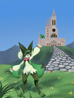 ambiguous_gender anthro cathedral claws fangs featureless_crotch flat_chested flower fur grass green_body green_fur green_hair hair looking_at_viewer navel open_mouth pawpads paws pink_eyes plant solo tail teeth tongue eleonorm11 nintendo pokemon felid feline generation_9_pokemon mammal meowscarada pokemon_(species) 2026 3:4 hi_res signature