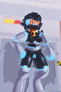 anthro bell bell_collar breasts collar female goo_transformation horn hypnosis hypnotic_visor laboratory latex lock mind_control solo subordination transformation visor hezitween changed_(video_game) bovid caprine mammal robot_anthro sheep 2:3 absurd_res hi_res