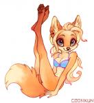 4_toes anthro barefoot black_nose blue_eyes bottomless bra breasts brown_pawpads butt canid canine claws clothed clothing coonkun digitigrade ear_piercing feet female fox fur hair hindpaw kelseyfox long_hair looking_at_viewer mammal navel orange_body orange_fur pawpads paws piercing smile soles solo toes underwear