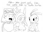 anthro breast_size_difference breasts buckteeth clothed clothing dialogue female group hat headgear headwear male navel nipples open_mouth pokemorph ribbons small_breasts smile sweater teeth text topless topwear elpatrixf nintendo pokemon calem_(pokemon) marissa_(elpatrixf) petite-dent chespin generation_6_pokemon human mammal pokemon_(species) scatterbug 2015 black_and_white digital_drawing_(artwork) digital_media_(artwork) english_text monochrome unavailable_at_source