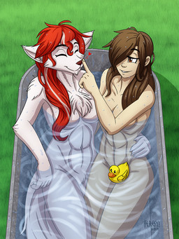 abs anthro bath bathing bathtub bedroom_eyes blush boop breasts brown_eyes brown_hair chest_tuft convenient_censorship duo eyes_closed female female/female female_on_anthro female_on_human fur grass green_eyes hair half-closed_eyes heart_symbol human_on_anthro interspecies narrowed_eyes nose_boop nude outside plant pubes red_hair rubber_duck seductive sitting smile tuft water wet white_body white_fur heresy_(artist) twokinds roselyn_(twokinds) saria_legacy canid canine canis human keidran mammal wolf 2017 3:4 censored digital_media_(artwork) hi_res shaded