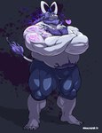 anthro beard belly body_hair bottomwear chest_hair clothed clothing crossed_arms crown facial_hair hair headgear heart_symbol horn long_ears male musclegut muscular muscular_anthro muscular_male pants purple_hair solo standing topless manlyster kurgore bovid caprine goat mammal hi_res