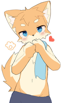 anthro blue_eyes blush bottomwear clothed clothing countershading floating_heart heart_symbol kemono lidded_eyes looking_at_viewer male navel orange_body simple_background smile solo topless topless_male towel towel_around_neck white_background young young_anthro young_male mfmfcha mammal 2026 absurd_res half-length_portrait hi_res japanese_description portrait