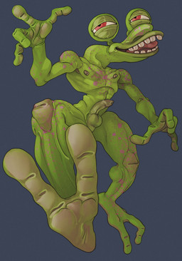 2_fingers action_pose big_eyes feet fingers flapping_penis foot_focus foreskin freckles genitals green_body green_skin lean_male long_feet long_legs long_neck male muscular muscular_male not_furry penis pink_tongue pose raised_arm raised_leg red_eyes simple_background skinny_male small_penis small_waist smile soles solo teeth tongue ravuer bump_in_the_night mr._bumpy humanoid monster unknown_species absurd_res hi_res