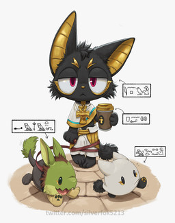 ambiguous_gender ankh anthro beady_eyes black_body black_eyes black_fur brown_eyes chibi clothed clothing coffee_cup container cup directional_arrow feral fully_clothed fur green_body green_fur hieroglyphics leash looking_at_viewer male on_leash open_mouth pawpads red_eyes running simple_background tail tail_tuft tan_body tuft white_background yellow_body silverfox5213 egyptian_mythology middle_eastern_mythology mythology ammit anubis medjed anubian_jackal canid canine canis common_hippopotamus crocodile crocodilian deity felid hippopotamid hybrid jackal lion mammal pantherine reptile scalie unknown_species 2025 hi_res female_(lore)