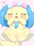 after_sex anthro blue_body blue_fur blush bodily_fluids cum cum_in_pussy cum_inside eyes_closed female fur g_clef genital_fluids genitals heart_symbol jewelry lying necklace on_back pink_background pussy simple_background solo yellow_body yellow_fur azuo jewelpet sanrio sega sega_fave sapphie_(jewelpet) canid canine canis domestic_dog mammal 2023 absurd_res hi_res