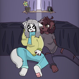 anthro bed blue_bottomwear blue_clothing blue_jeans blue_pants blue_scarf bodily_fluids bottomwear brown_body brown_fur brown_hair clothing comforting comforting_another crying curtains denim denim_bottomwear denim_clothing duo ear_piercing female floppy_ears flower fur furniture grey_clothing grey_hair grey_shirt grey_topwear hair hand_holding jeans male male/female pants pawpads photo piercing pink_pawpads plant plant_pot sad scarf shelf shirt sitting sitting_on_ground sobbing sweater tail tears topwear torn_bottomwear torn_clothing torn_jeans torn_pants white_body white_fur window yellow_clothing yellow_sweater yellow_topwear ashblondekittyy rex_(ashblondekittyy) yuna_(ashblondekitty) canid canine canis domestic_cat domestic_dog felid feline felis mammal trans_(lore) trans_man_(lore) trans_woman_(lore)