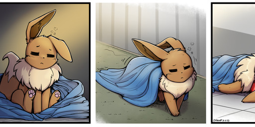 3_panel_comic bedding black_eyebrows black_nose black_text blanket blue_blanket border bowl brown_body brown_fur brown_inner_ear carpet container detailed_background dipstick_tail eyebrows eyes_closed feral floor fluffy fluffy_tail food food_bowl fur inside long_ears male markings mouth_closed multicolored_body multicolored_fur neck_tuft on_ground pawpads paws pet_bowl pink_pawpads red_bowl sitting sleeping solo sound_effects tail tail_markings tan_body tan_fur text tile tile_floor tired tuft two_tone_body two_tone_fur vowelless vowelless_sound_effect waking_up walking white_border zzz otakuap nintendo pokemon eevee generation_1_pokemon pokemon_(species) 2023 absurd_res artist_name comic dated hi_res