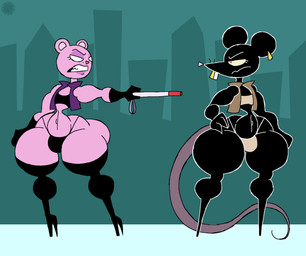 anthro armwear bedroom_eyes big_butt black_body black_fur boots bottom_heavy bubble_butt butt clothing crop_top cropped_jacket curvy_figure duo ear_piercing ear_ring elbow_gloves eye_contact eyelashes eyeshadow femboy footwear fur gloves gold_(metal) gold_tooth hand_on_hip handwear heart_nose heart_symbol high_heels jacket legwear logo looking_at_another makeup male markings mole_(marking) narrowed_eyes navel piercing pink_body pink_fur pupils red_pupils ring_piercing seductive shirt shoes side_butt text thick_thighs thigh_boots thigh_highs thong topwear underwear whiskers wide_hips thatdawgmurray happy_tree_friends the_mole_(htf) the_rat_(htf) eulipotyphlan mammal mole_(animal) murid murine rat rodent aliasing artist_logo artist_name digital_media_(artwork) hi_res signature