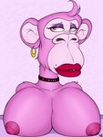 2022 3:4 anthro ape bedroom_eyes bored_ape_yacht_club cheek_tuft choker choker_only clothing digital_media_(artwork) ear_piercing english_text facial_tuft female fur gold_(metal) gold_tooth hair half-length_portrait haplorhine hi_res jewelry lips looking_aside mammal markings maxhe mole_(marking) monkey narrowed_eyes necklace necklace_only nft nft_monkey nude parody piercing pink_body pink_eyes pink_fur portrait primate seductive simple_background smile solo story story_in_description tan_body tan_skin text thick_lips topwear tuft