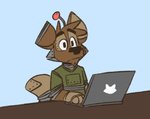 anthro blue_background canid canine canis clothing computer domestic_dog electronics green_clothing green_shirt green_topwear laptop machine male mammal matt_riskely robot shirt simple_background solo tinydeerguy topwear