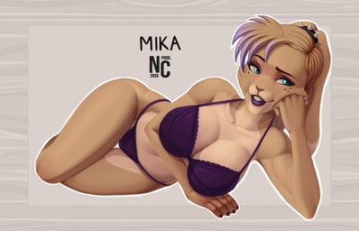anthro big_breasts blue_eyes bra breasts brown_hair clothing female hair looking_aside lying on_side simple_background smile solo underwear ncproductions mika_(mcfli) lagomorph leporid mammal rabbit 14:9 2026 digital_media_(artwork) hi_res