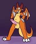 3_toes 4_fingers alternate_species anthro balls big_balls big_penis bodily_fluids claws dragon_wings feet finger_claws fingers genital_fluids genitals green_eyes grin hair hand_on_hip humanoid_genitalia humanoid_penis looking_away male nude orange_body orange_scales penis pose precum red_hair scales sharp_teeth smile solo standing teeth toe_claws toes white_claws yellow_body yellow_scales ultilix european_mythology mythology to-be-named-later dragon mythological_creature mythological_scalie scalie western_dragon 2025 hi_res