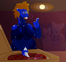 :3 animal_genitalia anthro big_breasts big_nipples blonde_hair blue_body blue_skin blush bodily_fluids breasts breath ceiling_lamp clear_cum cum cum_on_food ear_piercing ear_ring electronics exhibitionism eyewear food genital_fluids genital_slit genitals gesture glasses glowing group gynomorph hair hand_gesture holding_penis inside intersex lamp looking_at_viewer messy_hair multicolored_body nipples party penis phone piercing pizza ring_piercing round_glasses slightly_chubby smile solo_focus standing thumbs_up tongue tongue_out voyeur white_blush white_eyes white_penis white_tongue ada.tv cc0 creative_commons public_domain background_character fierte_(ada.tv) synth_(vader-san) 2025 digital_media_(artwork) krita_(artwork) shaded trans_(lore) trans_woman_(lore)