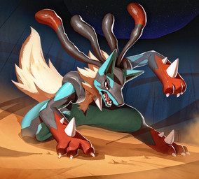 ambiguous_gender anthro black_arms black_body black_ears black_legs blue_arms blue_body blue_ears blue_legs claws fur multicolored_arms multicolored_legs narrowed_eyes open_mouth pose red_arms red_eyes red_legs sharp_teeth solo spikes tail teeth toe_claws white_body white_claws white_fur white_tail ookuru nintendo pokemon generation_6_pokemon mega_evolution mega_lucario pokemon_(species) 2025 full-length_portrait hi_res portrait