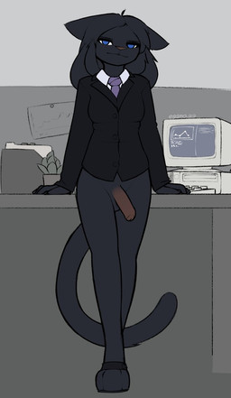 accessory anthro biped black_body black_fur black_hair blue_eyes bottomless breasts business_suit clothed clothing computer electronics foreskin front_view fur genitals grey_body gynomorph hair humanoid_genitalia intersex long_hair looking_at_viewer necktie office penis plantigrade pose skinny solo standing suit tail eggnog_(artist) domestic_cat felid feline felis mammal digital_drawing_(artwork) digital_media_(artwork) flat_colors full-length_portrait portrait