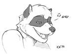 anthro cheek_tuft dialogue facial_tuft fur half-closed_eyes male narrowed_eyes open_mouth open_smile simple_background smile solo teeth text tongue tuft white_background katai emerald_(katai) mammal procyonid raccoon digital_media_(artwork) english_text line_art monochrome signature