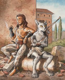 4_toes 5_fingers 5_toes anthro armor arrow_(weapon) barefoot bottomwear bow_(weapon) brick brick_wall brown_eyes brown_hair buckle building cigarette cigarette_smoke claws clothed clothing cloud crossed_arms day detailed_background digitigrade duo feet fingers fur grey_body grey_fur grey_nose hair holding_cigarette holding_object inner_ear_fluff looking_aside looking_back male melee_weapon nipples no_sclera outside pants plant quiver_(object) ranged_weapon scar shadow sitting sky smile smoke smoking straps text toe_claws toes topless torn_ear tree tuft vambrace wall_(structure) weapon white_body white_fur yellow_eyes 0laffson canid canine canis human mammal wolf 2017 hi_res latin_text signature traditional_media_(artwork) translated
