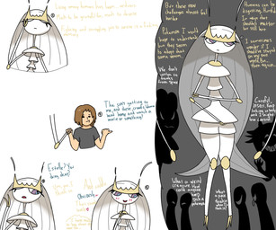blush blush_lines claws dialogue duo female gesture group hair hand_gesture hand_holding heart_symbol holding_arm long_hair looking_at_another looking_at_partner male male/female pointing shadow text thick_thighs thought_bubble thoughts crane_(artist) nintendo pokemon arthropod generation_7_pokemon human humanoid mammal pheromosa pokemon_(species) ultra_beast 6:5 english_text hi_res