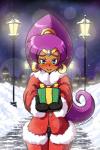 blue_eyes blush clothing dark_body dark_skin ear_piercing female gift gloves hair handwear holidays humanoid_pointy_ears long_hair night not_furry piercing pointy_ears ponytail purple_hair smile snow solo winter linkerluis christmas shantae_(series) wayforward shantae genie humanoid 2018 2:3 hi_res