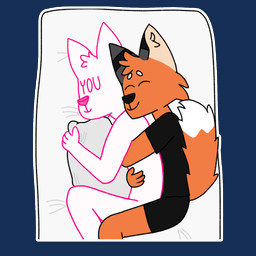 ambiguous_gender anthro bed biped black_nose clothing cuddling dark_clothing duo fingers fur furniture hair happy hug male markings mattress monotone_clothing orange_body orange_fur outline shirt simple_background sticker t-shirt tail tail_tuft telegram_sticker topwear tuft moltenfox_(artist) anon anonymous molten_(moltenfox) ych_(character) canid canine fox mammal 1:1 alpha_channel hi_res