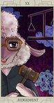 anthro card card_template clothed clothing eyewear female fortune_telling fur glasses holding_object judge judgement_(tarot) major_arcana open_mouth open_smile roman_numeral smile solo tarot tarot_card text white_body white_fur white_wool wool_(fur) cldht1 disney zootopia dawn_bellwether bovid caprine mammal sheep 2016 english_text