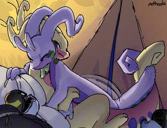 ambiguous_gender ambiguous_penetration blush duo entwined_tails humping implications male motion_outline night penetration pillow pillow_grab pokeball tail tail_coil tent mothaala nintendo pokemon generation_6_pokemon goodra pokemon_(species) shiny_pokemon
