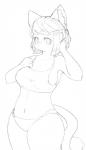 4_fingers anthro big_breasts black_and_white blush breasts cleavage clothed clothing domestic_cat felid feline felis female fingers hair hi_res kemono kuri-karu mammal monochrome navel side_boob simple_background snout solo standing white_background