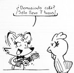 anthro beverage bow_tie coffee coffee_mug dialogue duo female simple_background text el_senor_erizo antoinette_(el_senor_erizo) clair_(el_senor_erizo) avian bird canid canine chicken fox galliform gallus_(genus) mammal phasianid monochrome spanish_text translated