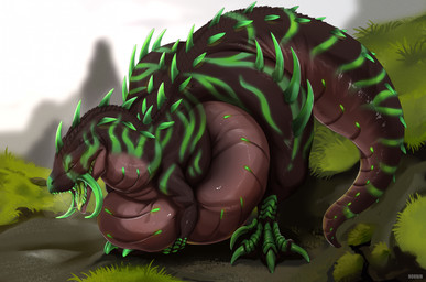 ambiguous_feral ambiguous_gender back_spikes belly big_belly big_butt biped bodily_fluids brown_body butt claws eyes_closed feral grass green_claws green_markings green_tongue huge_belly huge_butt markings neck_spikes open_mouth outside plant saliva saliva_string sky solo spiked_tail spikes spikes_(anatomy) striped_markings striped_neck striped_tail stripes tail tail_markings tongue vore roobin dinosaur prehistoric_species reptile scalie hi_res