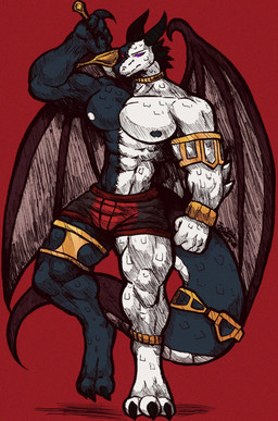 5_fingers anthro athletic belly black_body black_claws black_nipples black_skin black_spikes black_tail black_wings brown_spikes cheek_spikes claw_fingers claws clothed clothing facial_spikes feet fingers gold_accessory gold_legwear head_spikes horn male markings melee_weapon membrane_(anatomy) membranous_wings multicolored_body multicolored_ears multicolored_horn nipples open_clothing open_topwear partially_clothed purple_eyes red_clothing red_eyes solo spikes spikes_(anatomy) standing sword sword_on_back tail tail_markings topless topwear two_tone_body two_tone_face two_tone_legs two_tone_tail two_tone_wings weapon white_arms white_belly white_body white_chest white_face white_feet white_hands white_legs white_nipples white_skin white_tail wing_claws wings jwbash european_mythology mythology demon dragon mythological_creature mythological_scalie scalie western_dragon absurd_res hatching_(art) hi_res shaded