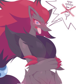 ambiguous_gender anthro black_body black_fur blue_eyes blush blush_lines bodily_fluids claws crossed_arms fur hair red_claws red_hair scared simple_background solo tears teeth tongue rullu_1507 nintendo pokemon generation_5_pokemon pokemon_(species) zoroark colored hi_res shaded