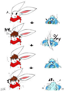 anthro basic_sequence blue_body blue_fur bodily_fluids cloud_emanata contextual_arrow crying directional_arrow duo emanata four_frame_image four_frame_sequence fur happy linear_sequence male red_eyes scarf sequential_arrow tears throwing white_body white_fur wig akabane_jin matra lagomorph leporid mammal rabbit unknown_species hi_res sequence traditional_media_(artwork)