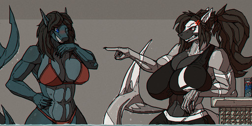 abs angry anthro athletic_wear beverage_can biceps big_breasts bikini black_eyes black_hair blue_body blue_eyes blush bottomwear bra breast_squish breasts brown_hair clothing deltoids duo female fin gesture grey_body gym_bottomwear gym_shorts hair hand_gesture hand_on_hip huge_breasts in_pool laugh multicolored_body muscular muscular_anthro muscular_female navel nipple_outline non-mammal_breasts non-mammal_navel one_eye_closed partially_submerged pointing ponytail raised_hand red_bikini red_clothing red_eyes red_swimwear shark_tail sharp_teeth shorts sports_bra squish swimming_pool swimwear tail tail_fin teeth two-piece_swimsuit two_tone_body underwear water_drop alexandrys aquatic fish shark 2025 digital_drawing_(artwork) digital_media_(artwork) shaded