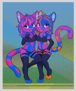 anthro armwear biped black_armwear black_bra black_clothing black_elbow_gloves black_gloves black_handwear black_legwear black_panties black_stockings black_underwear blue_body blue_eyes blue_fur blue_hair blue_highlights border bottomwear bra cheek_tuft claws clothed clothing colored_edge_bra colored_edge_panties colored_edge_underwear digitigrade duo ear_piercing ear_ring elbow_gloves eyebrows facial_tuft female fingerless_gloves front_view fur gloves grey_border hair handwear highlights_(coloring) inner_ear_fluff legwear long_hair looking_at_viewer multicolored_body multicolored_hair navel open_mouth open_smile orange_body orange_fur orange_highlights panties pattern_bottomwear pattern_bra pattern_clothing pattern_panties pattern_topwear pattern_underwear piercing pink_body pink_eyes pink_fur pink_hair pink_nose red_body red_fur ring_piercing smile standing stockings thigh_highs tongue topwear training_bra tuft underwear underwear_only young young_anthro young_female jamesfoxbr domestic_cat felid feline felis mammal 2026 absurd_res hi_res