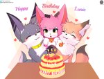 ambiguous_gender anthro bell birthday birthday_cake blush cake candle collar cuddling dessert food furniture group heart_symbol hug kemono table text trio senz dust:_an_elysian_tail lune_(lunesnowtail) nia_(senz) sean_(senz) bat canid canine fox iradeon mammal nimbat absurd_res hi_res url