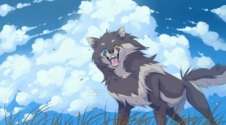 ambiguous_gender black_nose blue_eyes cloud cloudy_sky day eyelashes fangs feral fur grass grey_body grey_fur grey_markings happy heterochromia inner_ear_fluff leaf looking_at_viewer markings nude open_mouth open_smile orange_eyes outside pink_tongue plant sky smile smiling_at_viewer solo standing tail teeth tongue tuft azzai azzai_wanderia_(azzai) canid canine canis mammal wolf 2019 colored digital_drawing_(artwork) digital_media_(artwork) shaded