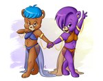 anthro barefoot blue_hair breasts brown_body brown_fur dancer_outfit dancing duo feet female female/female front_view fur gold_(metal) hair hand_holding harem_outfit purple_body purple_fur red_nose simple_background slave smile snout young young_anthro shini-smurf disney gummi_bears fiona_gummi_(fan_character) bear mammal hi_res