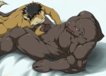 abs anthro barazoku bed biceps big_muscles big_penis black_hair blush duo erection fur furniture genitals hair handjob humanoid_genitalia humanoid_penis male male/male muscular muscular_male nude pecs penile penis red_eyes sex smile tail suruga bear brown_bear canid canine canis domestic_dog grizzly_bear mammal ursine 2010