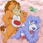 1:1 2019 absurd_res anthro balls bedtime_bear belly_badge blue_body blue_fur brave_heart_lion canid canine canis care_bear_cousins care_bears domestic_dog dudebulge duo_focus erection facial_hair felid fur genitals good_luck_bear green_body green_fur group heart_(marking) heart_nose heart_symbol hi_res lion loyal_heart_dog male male/male mammal markings mustache orange_body orange_fur pantherine whiskers white_body white_fur