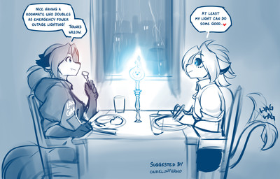 anthro black_sclera candle chair clothed clothing duo eating female furniture glass gloves_(marking) hair heart_symbol holding_fork hoodie inside markings plate ponytail raining sitting smile table tail tail_motion tailwag text topwear conditional_dnp tom_fischbach twokinds laura_(twokinds) willow_wisp canid canine felid fox keidran lion mammal pantherine red_fox spirit true_fox will-o'-the-wisp 2022 adobe_photoshop_(artwork) blue_and_white digital_media_(artwork) english_text hi_res monochrome sketch