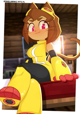 4_fingers anthro backlighting bed brown_hair clothed clothing crossed_legs eyewear eyewear_on_head female fingers furniture glasses glasses_on_head goggles hair light looking_at_viewer mouth_closed on_bed sitting smile solo tail text whiskers parabellumpony gameoverse glitch_productions microsoft minecraft mojang xbox_game_studios kit_bodega domestic_cat felid feline felis mammal absurd_res hi_res lighting
